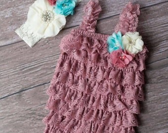 Dusty pink baby lace romper set - baby lace romper - baby headband - vintage color lace romper set - vintage - baby shower gift set