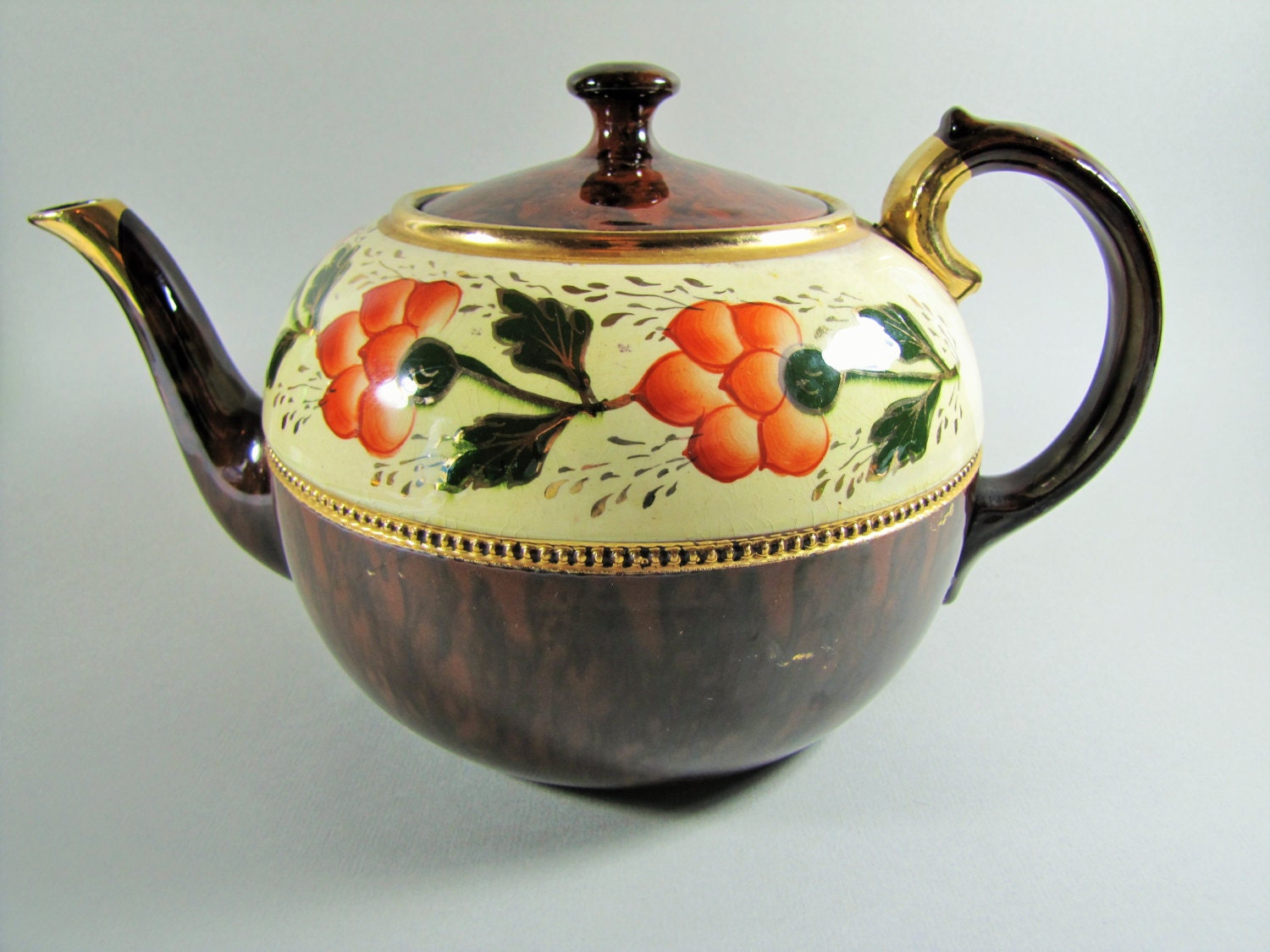 Beautiful Large Vintage Brown Betty Teapot gilt and