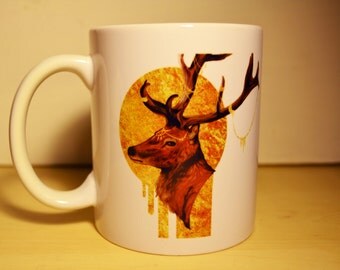 Forest Lord: elegant golden stag artwork, double-sided print ceramic mug -perfect gift-unique-coffee-tea-deer-nature-illustration