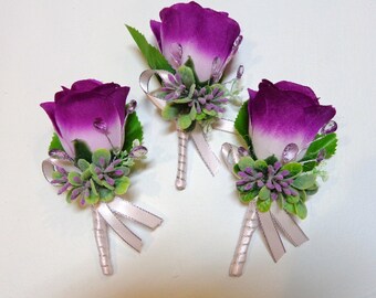 Set of 3 pc-Lilac/Lavender Shade Pin on Silk Flower Boutonniere-Silk Rose Bud Boutonniere-Wedding-Prom-Graduation-Special Event Boutonniere