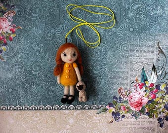 Miniature OOAK needle felted doll with knitted pug, pocket size miniature doll with dog, unique birthday gift, gift idea, miniature doll