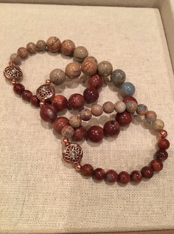 Set of 3 Aqua Terra Jasper Elastic Bracelets with beautiful Copper and Silver Accent Beads