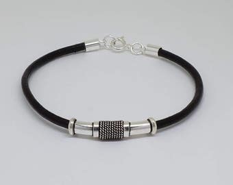 Bali Sterling Silver Bracelet with Leather Cord, Ethic Tribal Sterling Silver Bracelet : Pick Your Own Leather Cord Color and Length