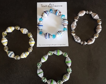 Paper Bead Stretchy Bracelet, Recycled, Upcycled, Eco-friendly, One of a Kind Gift, Trash to Treasure
