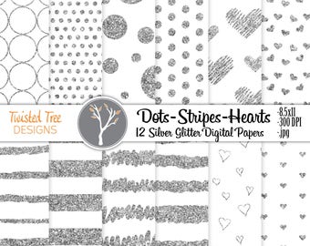 12 Silver Glitter Digital Papers 8.5x11 Stripes, Dots, Hearts, for DIY projects, Blogs, Invitations, Small Business use.