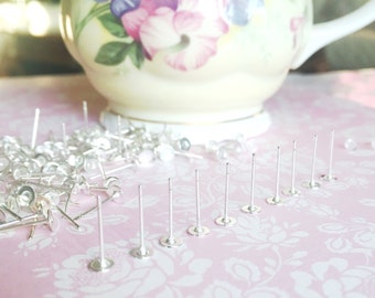 Silver Earring Posts | Earring with Pad | Blank Earring Stud | Glue On Earring | Post and Stopper | 40 Piece or 20 Pair with Plastic Stopper