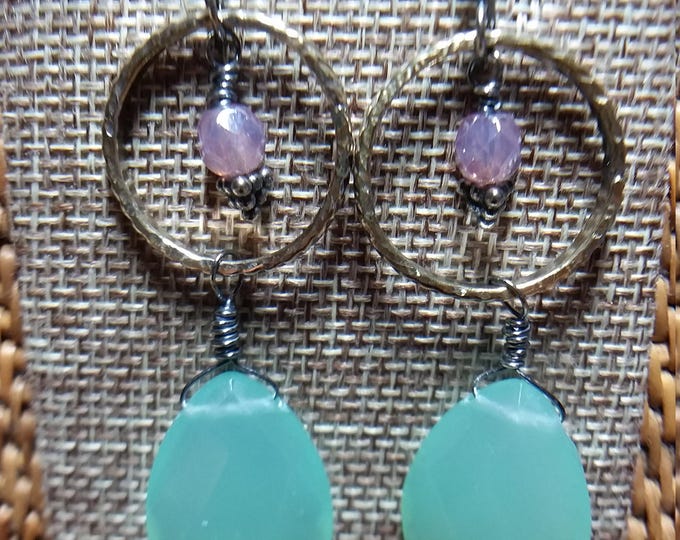 Earrings Featuring Gold Hoops Complimented by a Large Green Chalcedony Drop and a Pink Bead