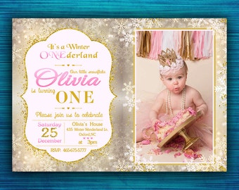 Winter Onederland Invitation-Winter onederland Birthday Party Invitation-Winter Onderland Party-Gold and Pink Wonderland-Wonderland Party