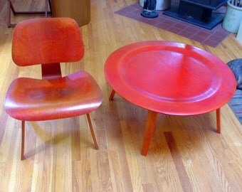 Vintage Charles Eames LCW Lounge Chair and CTW Coffee Table 5-2-5 Wood Base