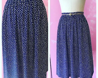 vintage navy and white polka dot skirt, 80's navy skirt, vintage skirt, pocket skirt, skirt with pockets, vintage polka dot skirt, vintage