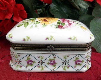 Vintage Jewelry Box White Porcelain Hand Painted Roses Trinket Casket Ormolu Accent Snap Closure Cottage Chic Bed Bath Vanity Accessory