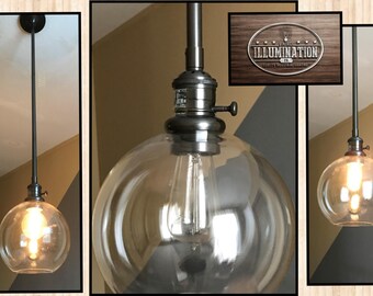 Industrial Lighting: PB Bronze Metal Pendant Pole Light Kit w/ 8" Clear Glass Globe (Adjust up to 5 ft.; on/off Bronze Socket & Bulb Incl.)