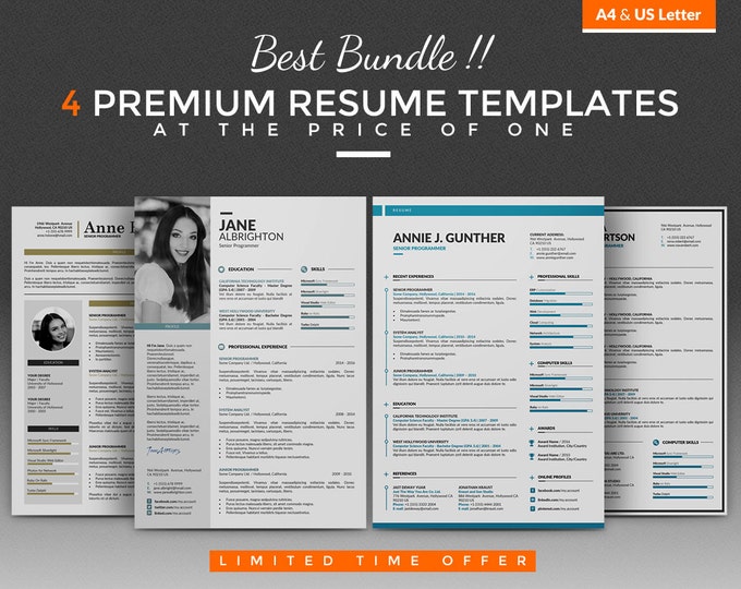 Resume Template / CV Template Bundle - 4 Professional Word Resume Design + Cover Letter, A4 and US Letter, Instant Download
