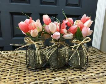 Spring Tulip Arrangement in Rustic Basket - Tulips in Mason Jar - Spring Arrangement - Easter Centerpiece Arrangement - Rustic Wedding Decor