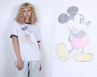 90s Mickey Mouse Shirt // Vintage Ringer Tee Disney Cartoon Mens Womens - Extra Large XL