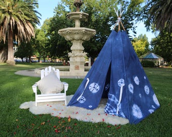 Tie Dyed Teepee - Indigo - Shibori - Play Tent - Kids Teepee - Teepee Tent - Playhouse - FREE SHIPPING - Ready To Ship
