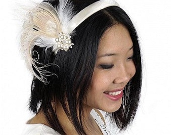 Ivory Peacock Feather Headband Embellishment - HBDE1922--IV-W