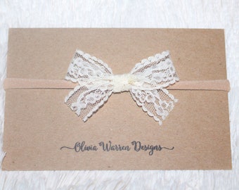 Lace bow; lace bow headband; white lace