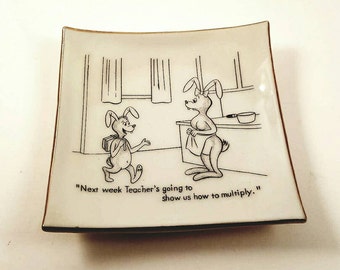 Vintage Rare novelty ashtray with cartoon Rabbits...made in Japan 1970's