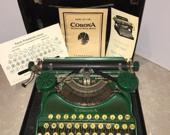 1920's Rare Green Smith Corona Typewriter with Case