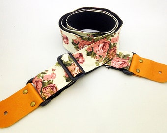 NuovoDesign cream floral fabric Guitar strap, leather parts with free end pin and tie lace