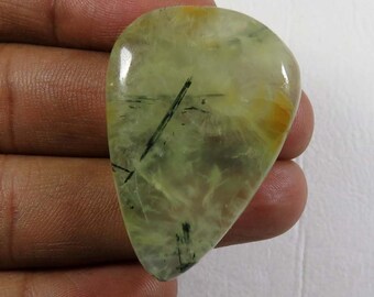 Natural Prehnite cabochon. Prehnite gemstone. Pear shape Prehnite loose gemstone. 38x17 mm. Black Rutile with Prehnite jewelry use PET-14