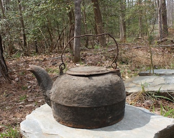Antique Cast Iron Tea Kettle with Swivel Lid and Handle - Tea Pot - Farmhouse Decor - Rustic Garden - Primitive Decor - Rustic Planter