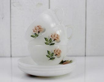 Arcopal pink rose cups - Milk glass cups, Arcopal France, Coffee cups, Vintage Arcopal, Made in France, pink flowers, For ONE, E256