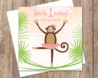 First Birthday Card. Greeting Card. First Birthday Ballet Monkey Card. Girl Birthday Card. Gift Card. Girl Ballet Birthday Card. Ballet Card