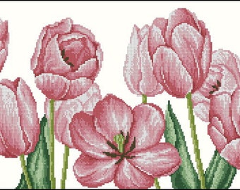 Cross stitch pattern PDF pink tulips, Cross stitch pattern PDF bouquet of pink tulips, Cross stitch pattern PDF flowers