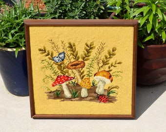 Vintage finished and framed forest floor needlepoint embroidery mushrooms butterfly ladybug