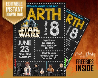 Lego Star Wars invitation, Lego Star Wars birthday invitation, Lego birthday invitation, Star Wars editable, Lego Star Wars, Lego