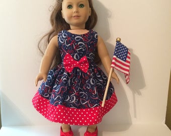 LAST ONE 18 Inch Doll Clothes Spring 4th of July Dress With Patriotic Ribbons Optional Red Mary Janes Fits Like American Girl Doll Clothes