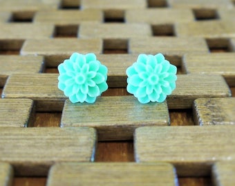 Mint Green Dahlia Flower Stud Earrings