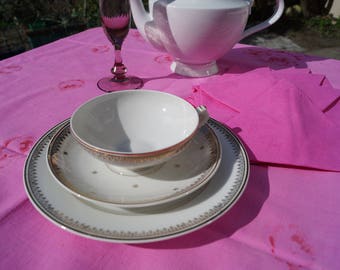 Cup, saucer and dessert plate, vintage Limoges porcelain, white, gold.