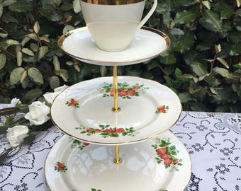Cake Stand. Strawberry theme vintage 3 tier plate stand. mismatch bone china. Wedding. Mad Hatter. party. cream tea.