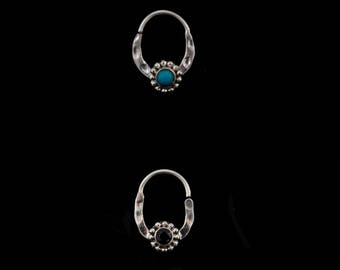 Indian Ethnic septum Silver with Turquoise/Garnet, 3in1: Septum ring - Tiny Hoop Earrings - Cartilage Piercing, Tribal boho Festival Jewelry