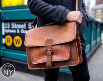 Men's Genuine Leather messenger bag for 15.6" laptop shoulder bag briefcase USA MADE