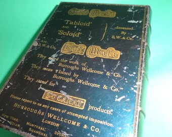Antique Weapons Of Precision, Book Shaped English Tin Box, Burroughs Wellcome & Co, Pharmaceutical Co, Circa 1900