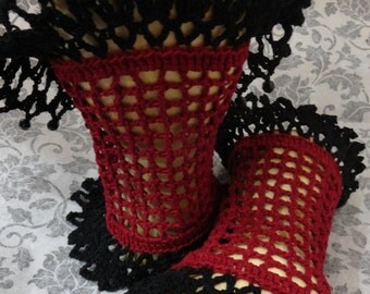 Black Burgundy Two Toned Victorian Mourning Steampunk Gothic Noir Crochet Lace Wrist Cuffs