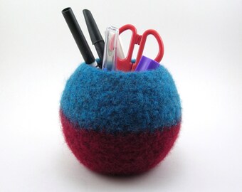 Wool felted bowl - office decor - wool bowl - ocean blue and burgundy