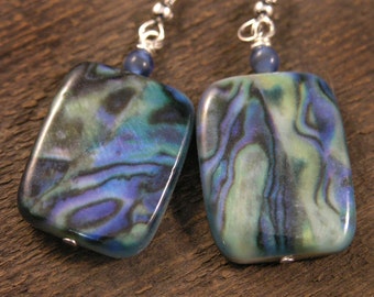 Green and blue abstract swirls on large rectangle genuine shell beads silver handmade earrings