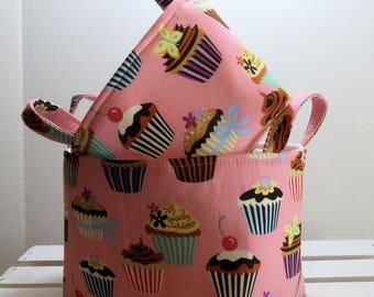 READY TO SHIP - Set of 2 - Storage Organization Fabric Organizer Containers Bins Baskets - Cupcakes on Pink Fabric