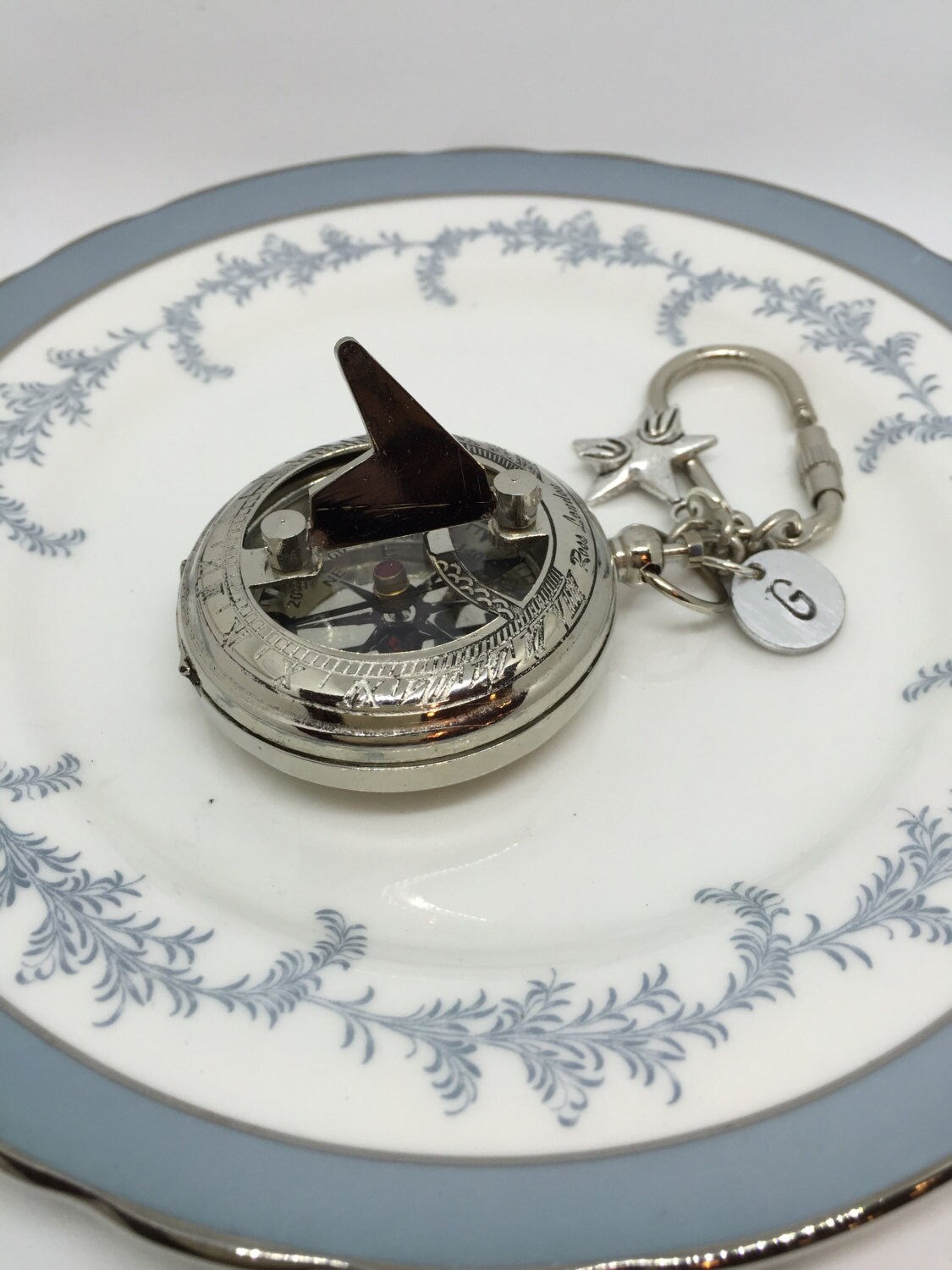 Working Compass Keychain Compass Sundial Silver Compass