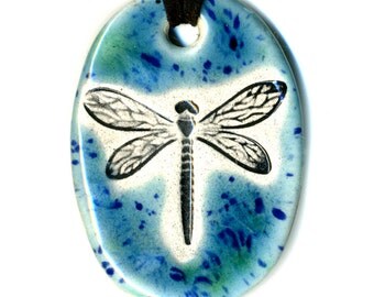 Dragonfly Ceramic Necklace in Blue Green