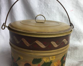 Vintage Metal Round Lunch Pail Hand Painred Gold Floral Ecs