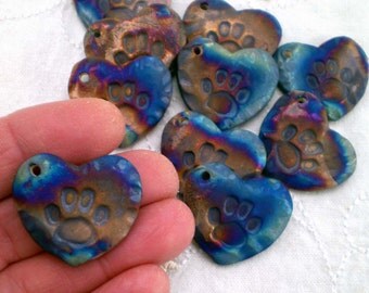 Paw Print Bead, Raku Bead, Heart Focal Bead, Cat Paw Bead, Dog Paw Bead, Hole on Side