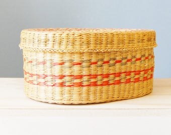 Vintage 1970s Sweet Grass Basket with Lid Boho Decor
