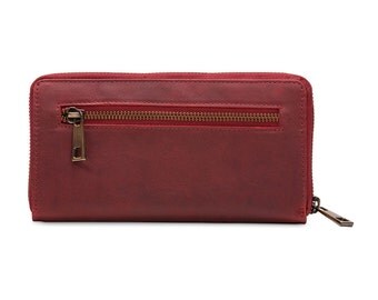 Ladies Leather Ziparound Wallet, Leather Purse, Red