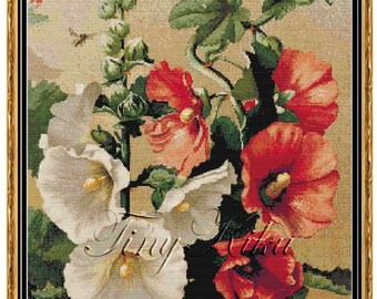 Red and White HOLLYHOCKS, Vintage Image - Counted Cross Stitch Chart. Instant Download PDF Symbols on Colored Blocks Pattern Chart.